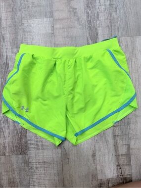 Under Armour Women's Neon Lime Running Shorts with Blue Trim